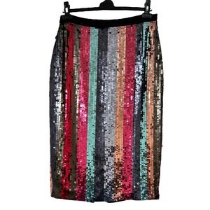 Tanya Taylor Rainbow Sequin Striped‎ Samia Silk Blend Pencil Skirt Women Size 8